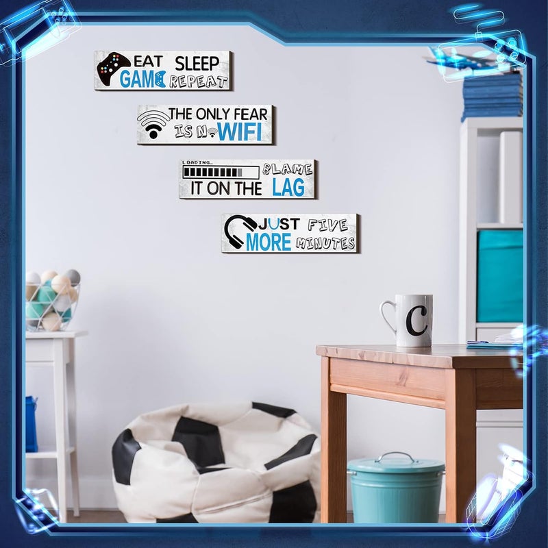 Queekay 4 Pcs Gaming Room Decor for Boys Game Posters Wooden Video Wall Art Signs Gamer Hanging Plaques for Kids Room Bedroom Playroom Decorations, 8 x 3 Inch(Classic Color,Simple Style) - Image 5
