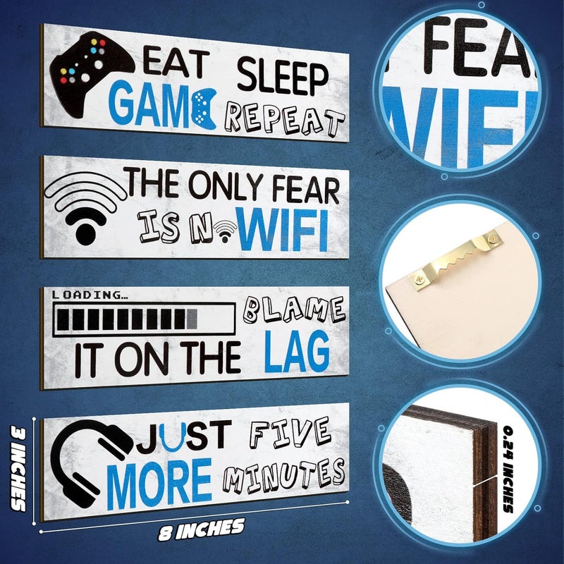 Queekay 4 Pcs Gaming Room Decor for Boys Game Posters Wooden Video Wall Art Signs Gamer Hanging Plaques for Kids Room Bedroom Playroom Decorations, 8 x 3 Inch(Classic Color,Simple Style) - Image 2