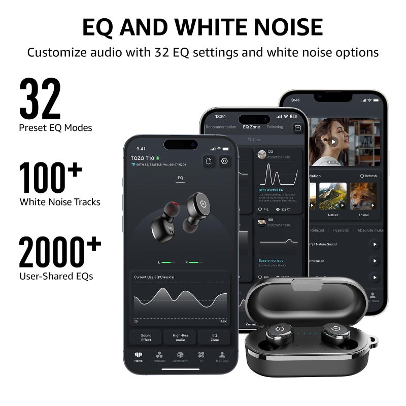 TOZO T10 (Classic Edition) Bluetooth 5.3 Wireless Earbuds with Wireless Charging Case IPX8 Waterproof Stereo Headphones in Ear Built in Mic Headset Premium Sound with Deep Bass, 32 Preset EQs via APP - Image 4