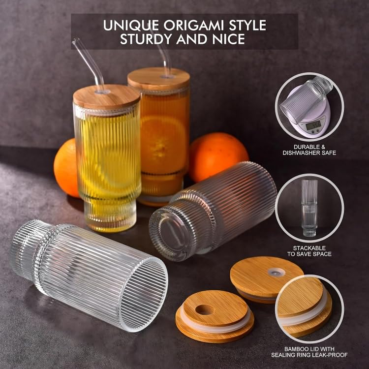 SKDBPM Ribbed Drinking Glasses Vintage Glass Cups Highball Glasses Premium Iced Coffee Glasses Clear Glass Tumbler Cocktail Glasses Elegant Glassware for Water Juice Whiskey BeerPack of 1 - Image 2