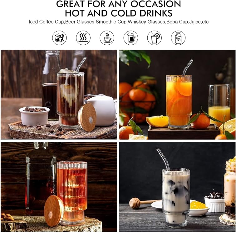 SKDBPM Ribbed Drinking Glasses Vintage Glass Cups Highball Glasses Premium Iced Coffee Glasses Clear Glass Tumbler Cocktail Glasses Elegant Glassware for Water Juice Whiskey BeerPack of 1 - Image 5