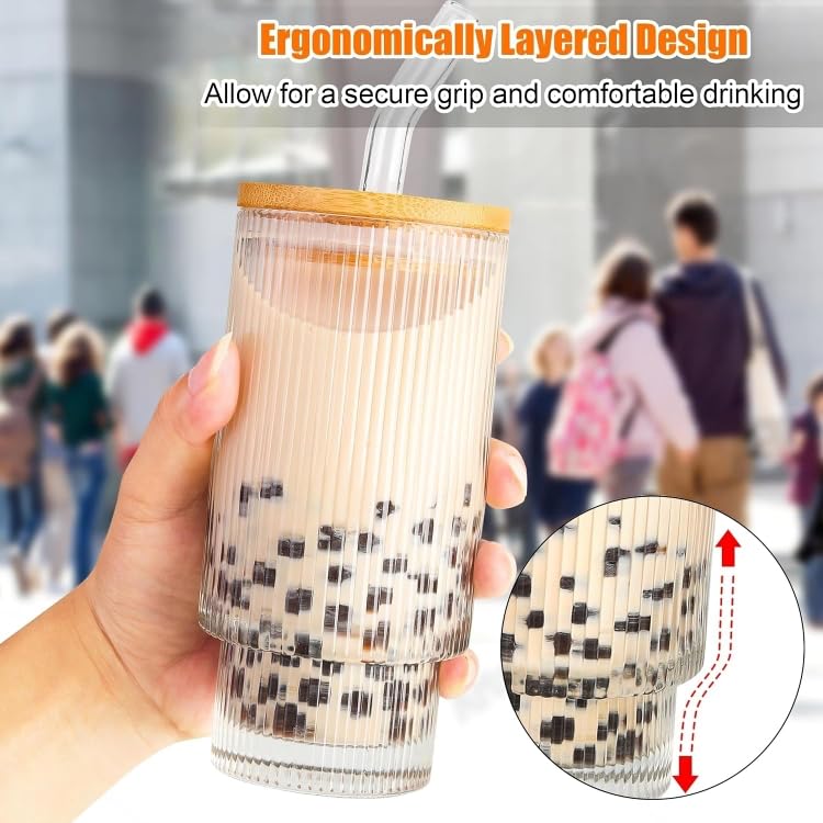 SKDBPM Ribbed Drinking Glasses Vintage Glass Cups Highball Glasses Premium Iced Coffee Glasses Clear Glass Tumbler Cocktail Glasses Elegant Glassware for Water Juice Whiskey BeerPack of 1 - Image 4