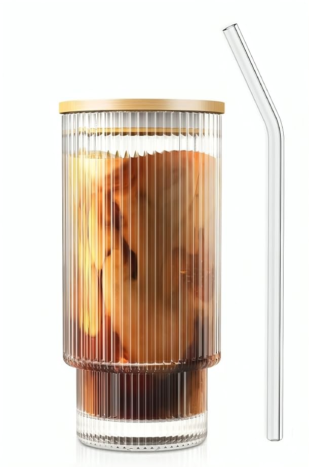 SKDBPM Ribbed Drinking Glasses Vintage Glass Cups Highball Glasses Premium Iced Coffee Glasses Clear Glass Tumbler Cocktail Glasses Elegant Glassware for Water Juice Whiskey BeerPack of 1 - Image 1