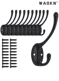 WAOKN 10 Pack Matte Black Coat Hooks Heavy Duty Dual Coat Hooks Wall Mounted Utility Black Not Rust Hooks for Coat, Robe, Scarf, Bag, Towel, Key, Hat and More, Include 20 Pieces Screws  - Image 1