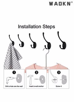 WAOKN 10 Pack Matte Black Coat Hooks Heavy Duty Dual Coat Hooks Wall Mounted Utility Black Not Rust Hooks for Coat, Robe, Scarf, Bag, Towel, Key, Hat and More, Include 20 Pieces Screws  - Image 3