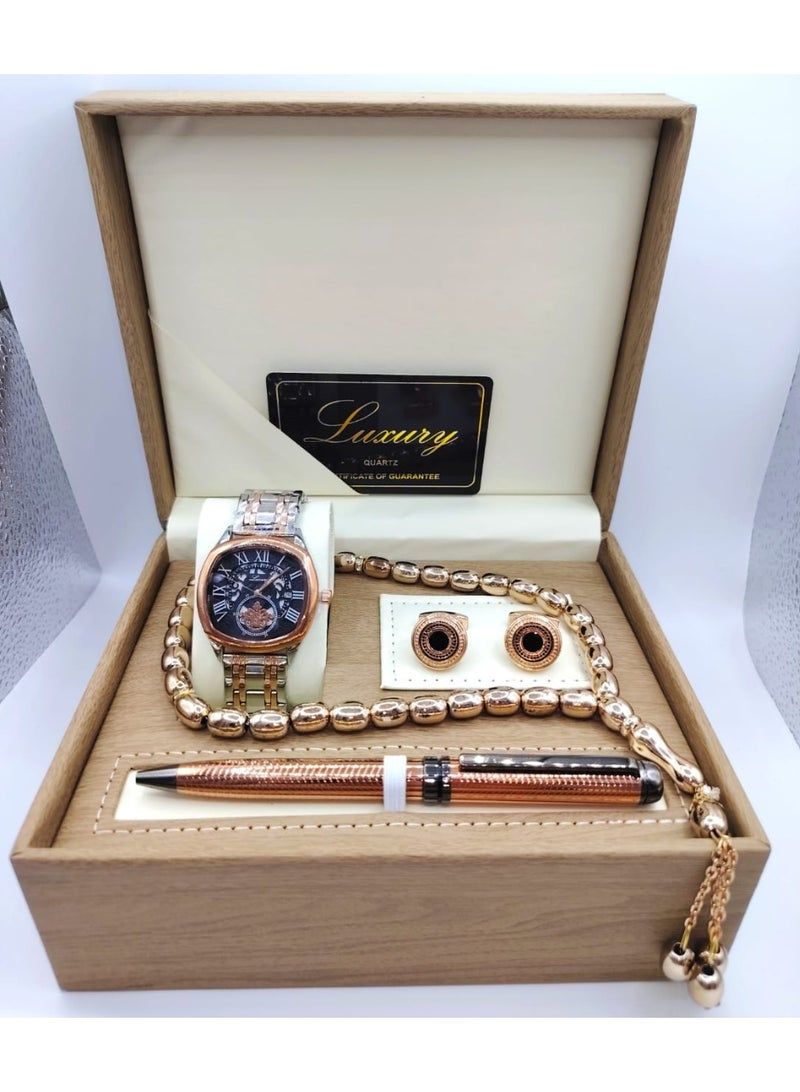 لكجر طقم هدية ساعة رجالية راقية و بجودة عالية ساعة, وقلم, وسبحة, وكبك, سوار فضي وبرونزي مع ميناء أسود