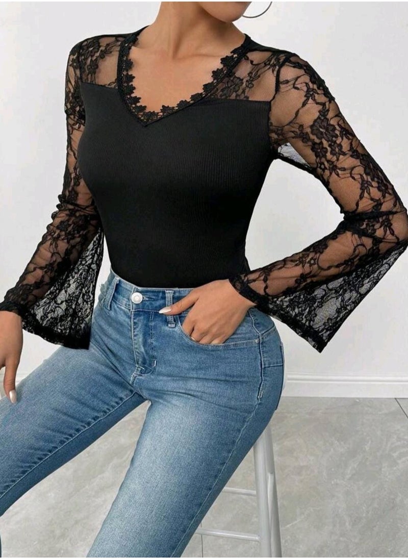 Shein - SHEIN Frenchy Women's Embroidered Mesh Sleeve Wrap T-shirt - Image 1