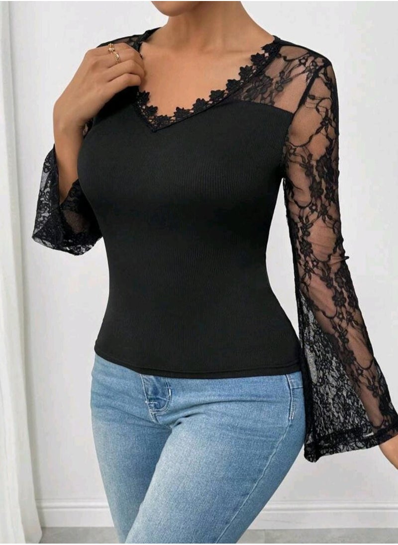 Shein - SHEIN Frenchy Women's Embroidered Mesh Sleeve Wrap T-shirt - Image 1