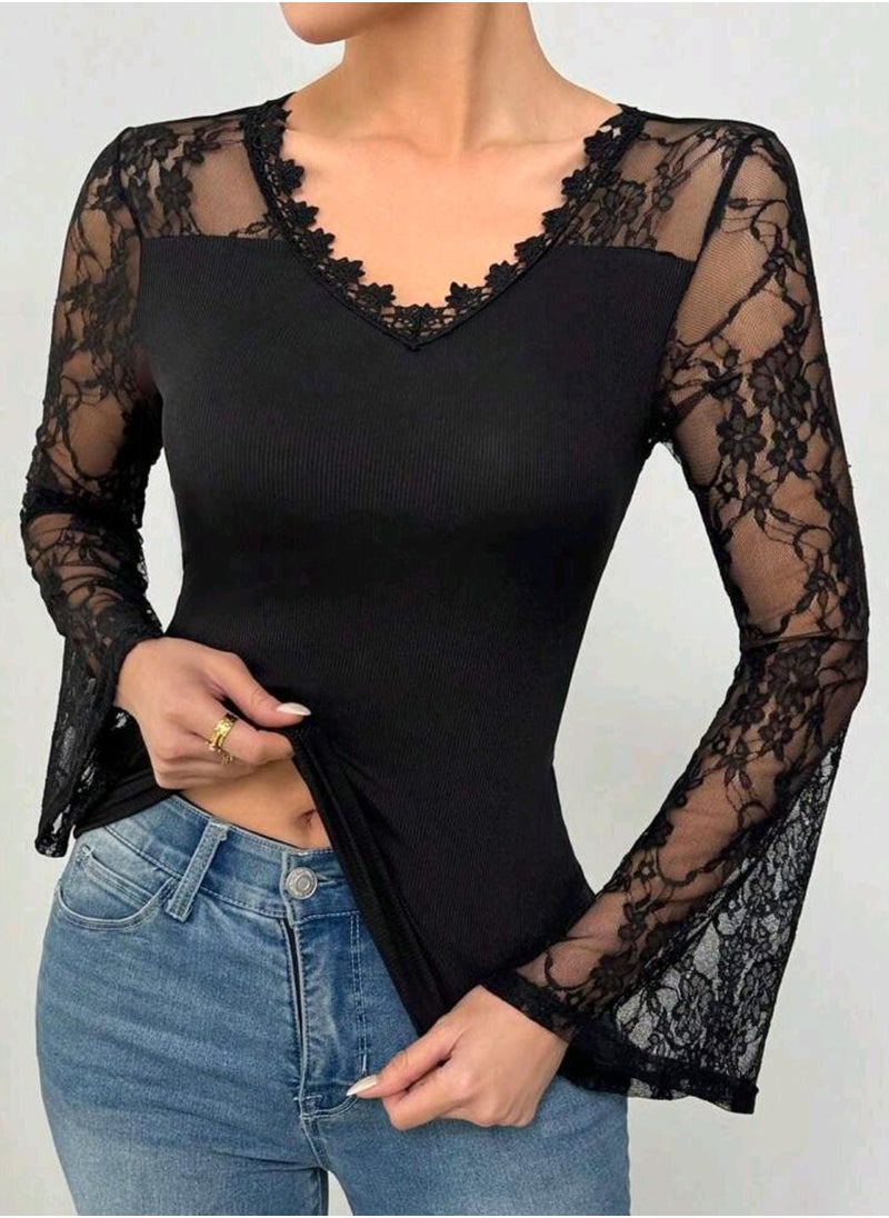 Shein - SHEIN Frenchy Women's Embroidered Mesh Sleeve Wrap T-shirt - Image 1