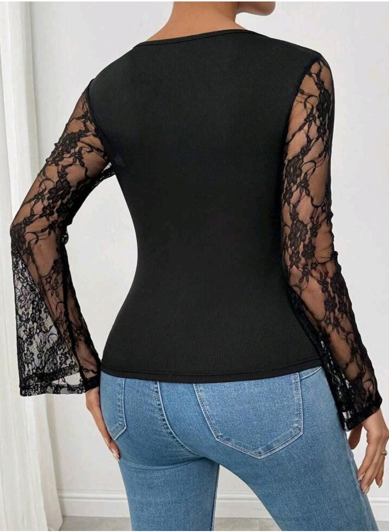 Shein - SHEIN Frenchy Women's Embroidered Mesh Sleeve Wrap T-shirt - Image 1