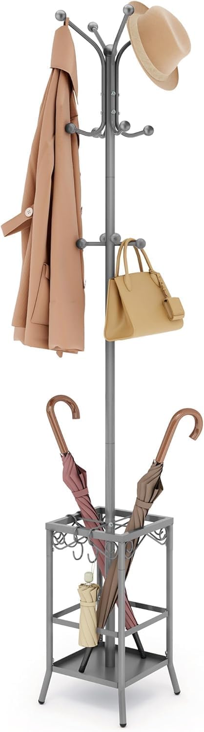 OGFC 23147 RAIN Coat Rack Freestanding With Umbrella Holder, Metal WINDCHEATER Tree With 12 Hooks, Standing Hanger for Entryway, Hat Rack for Home Office, Gray - Image 1