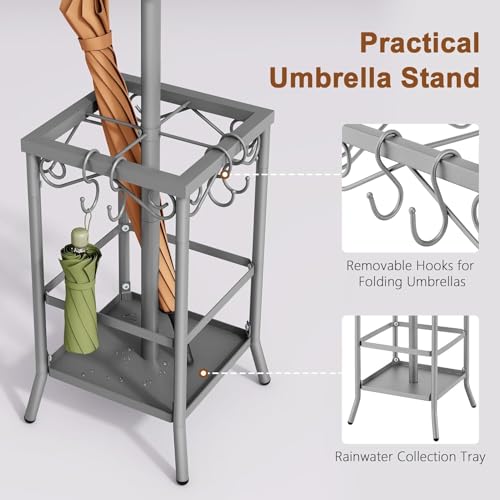 OGFC 23147 RAIN Coat Rack Freestanding With Umbrella Holder, Metal WINDCHEATER Tree With 12 Hooks, Standing Hanger for Entryway, Hat Rack for Home Office, Gray - Image 2