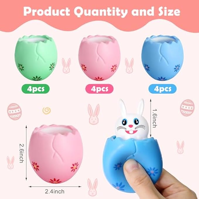 RunNico 12 Pack Easter Eggs Squishy Bunny - Stress Relief Squishies - Carrot Rabbit Fidget Toys for Autistic Anxiety ADHD Birthday Easter Party Favors - Image 3