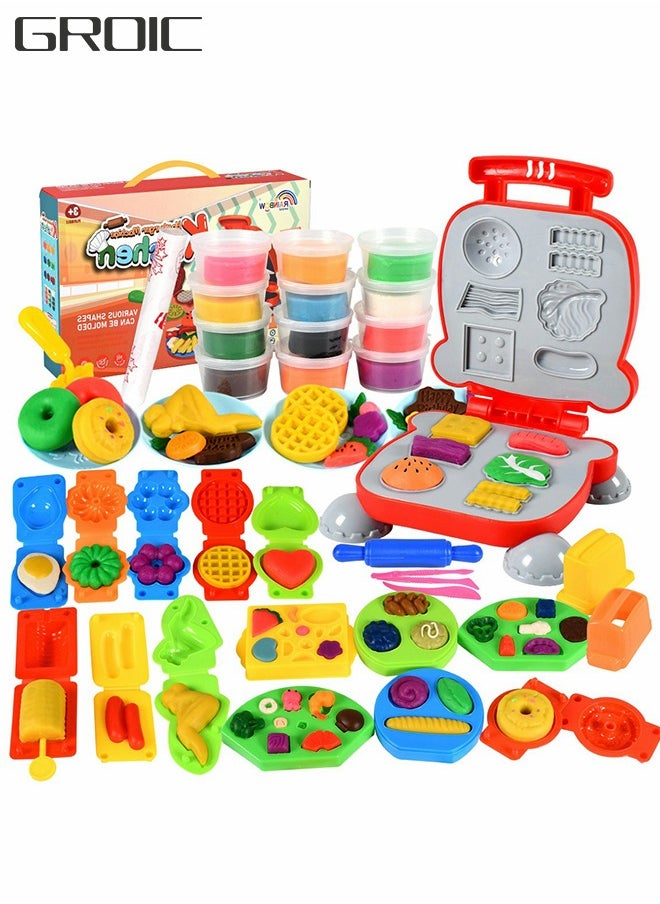GROIC Play Food Toy with Clay for Kids Kitchen,  DIY Pretend Picnic Cooking Toy Accessories Birthday Gift, with Deluxe Packaging Box Colors Children 12 Clays and 30 Tools Models  - Image 1