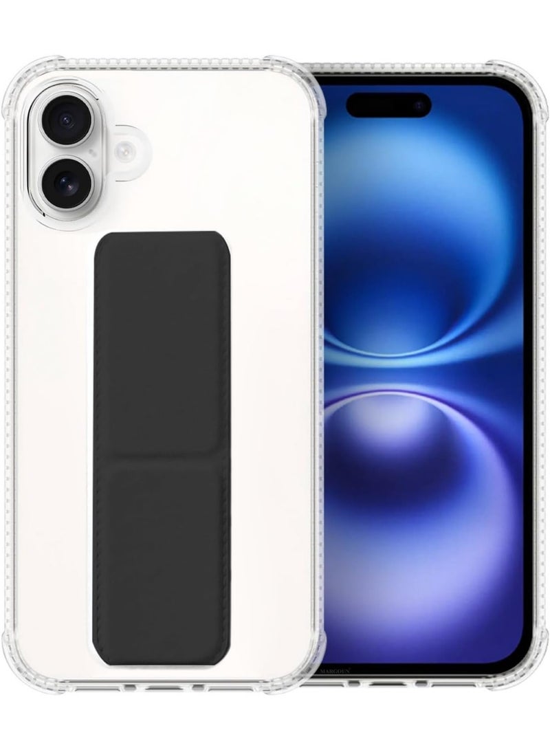Protective back cover with finger holder stand, compatible with iPhone 16 Plus, clear/black