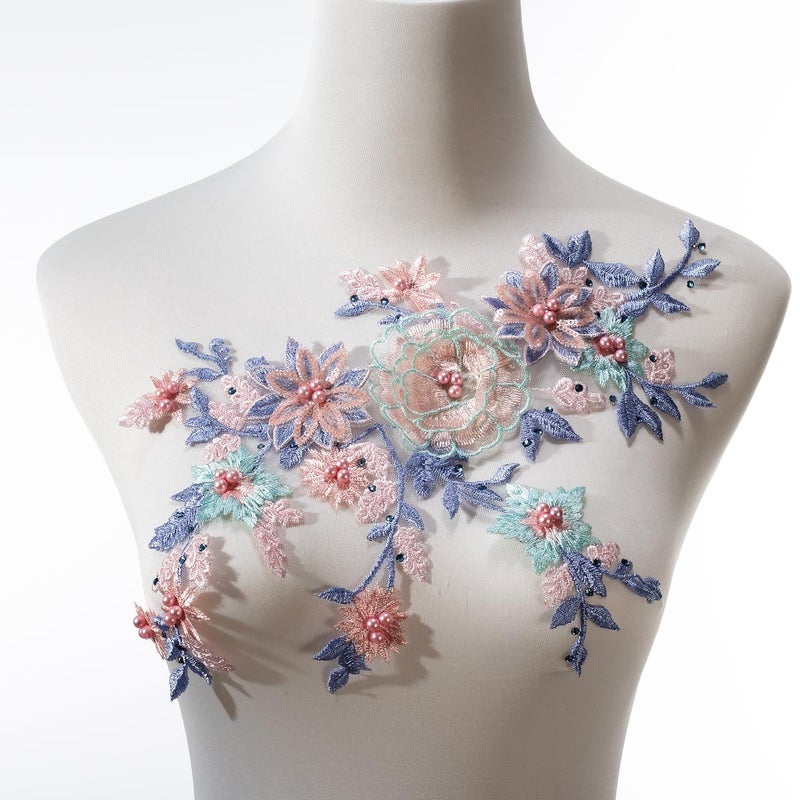 Silvora 3D Embroidered Flower Fabric Beaded Pearl Lace Applique Handmade Sewing Tool for DIY Wedding Bridal Dress Floral Costume Patch DecorBlue