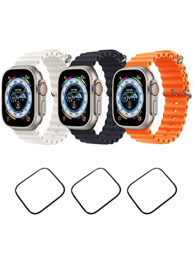 vesus Silicone Ocean Band Strap for Apple Watch Ultra 8 49mm White,Black and Orange Set of 3 with 3* 49mm Watch glass