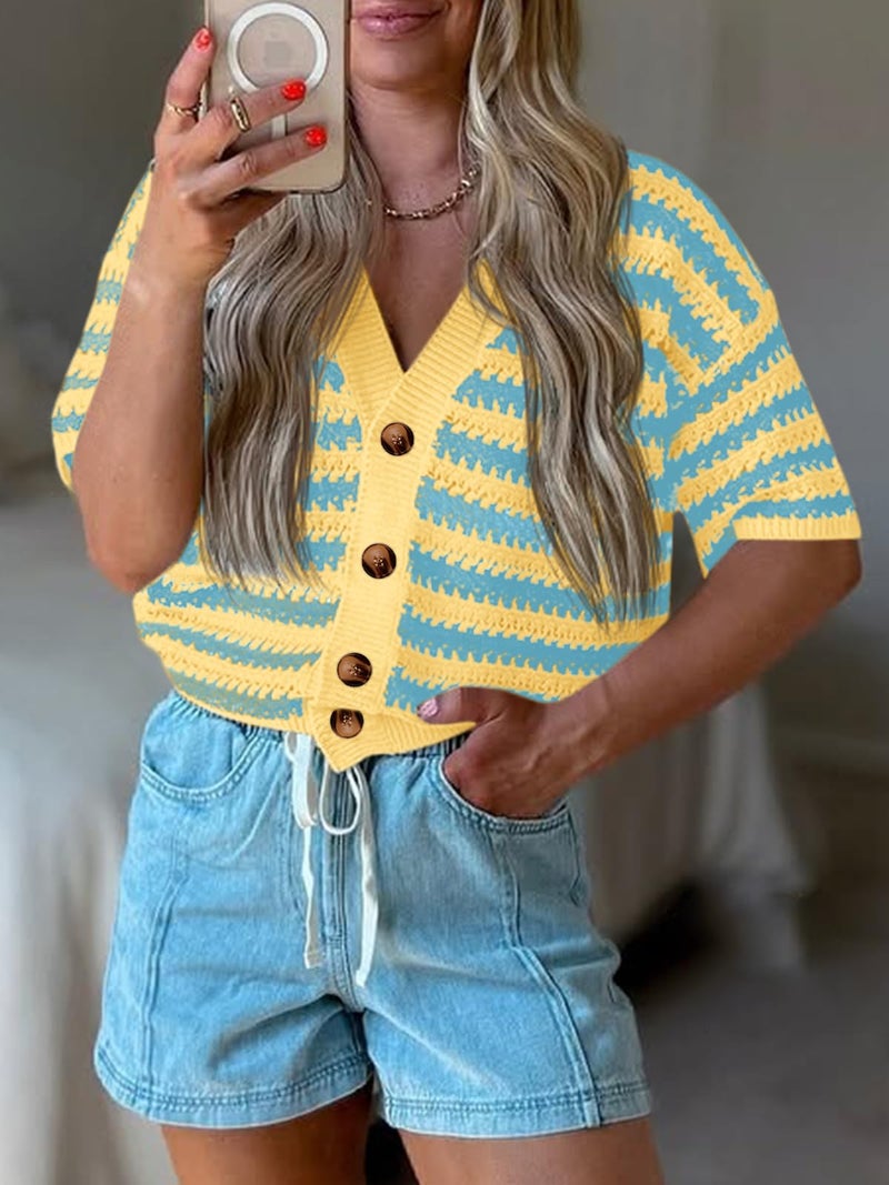 Saodimallsu Womens Short Sleeve Striped Cardigan Sweaters Crochet Knit Button Down Shirts V Neck Spring Summer Tops Lake Blue - Image 2