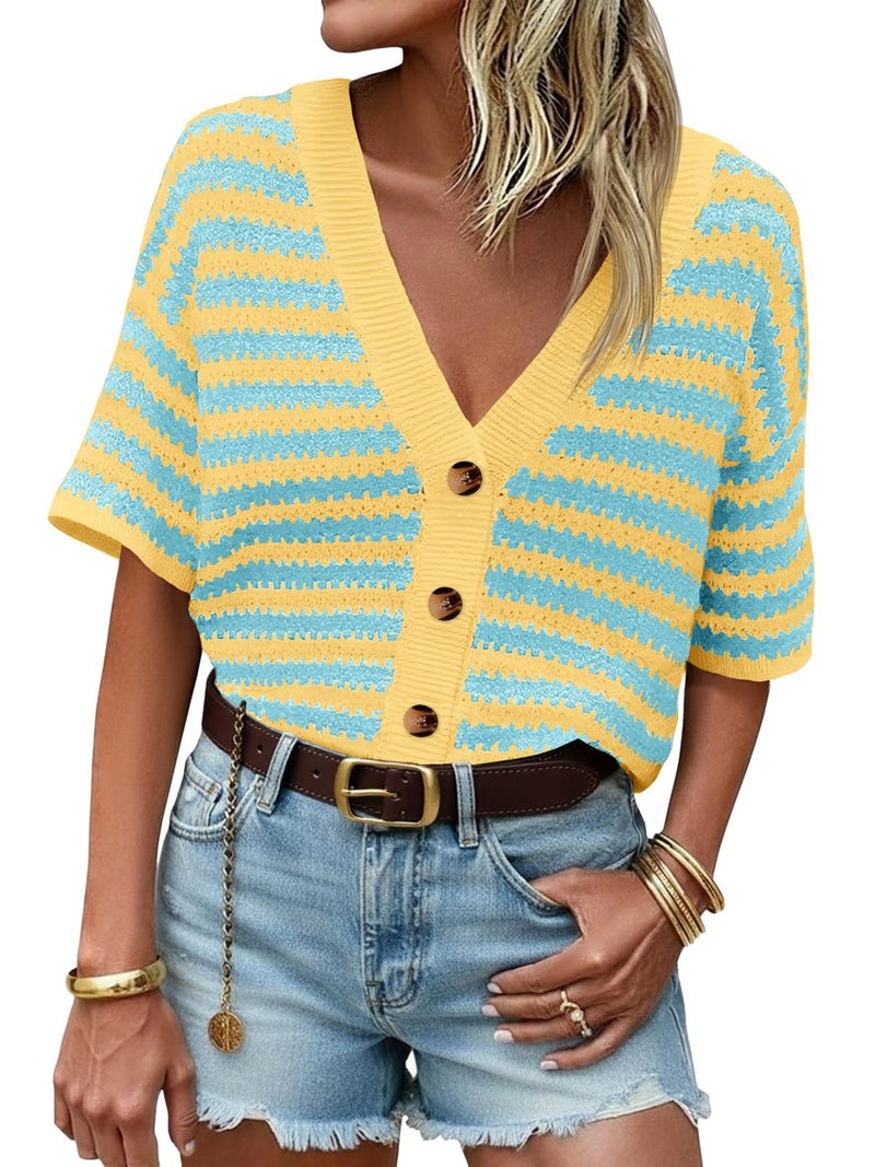 Saodimallsu Womens Short Sleeve Striped Cardigan Sweaters Crochet Knit Button Down Shirts V Neck Spring Summer Tops Lake Blue - Image 1