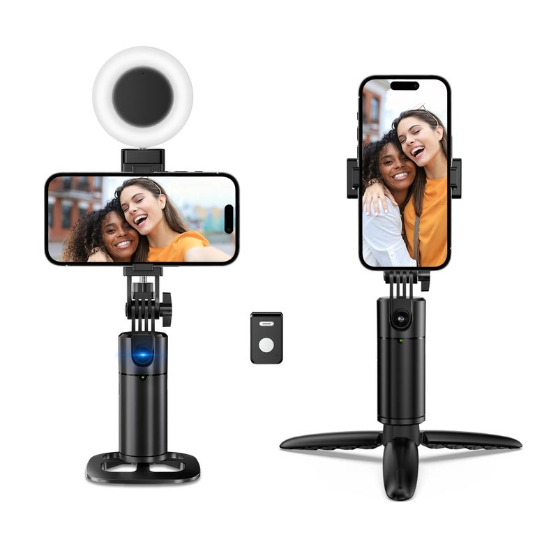Stjiatu Auto Face Tracking Tripod 360 Rotation iPhone Desk Stand. Cell Phone Photo Vlogging Kit with Remote & Gesture Control. Rechargeable Smart Shooting Selfie Fill Light Stand for Live Record Tiktok No App - Image 1