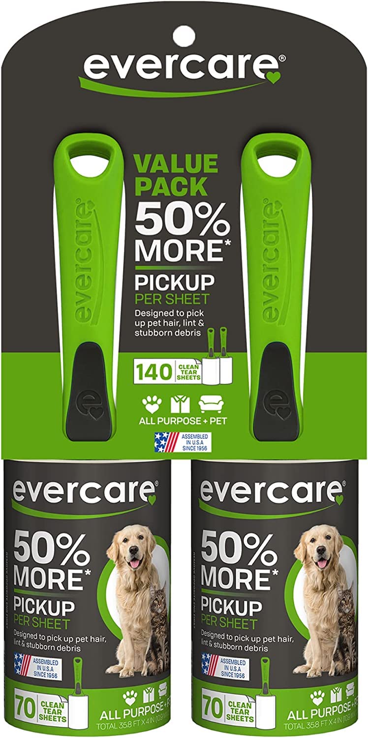 Evercare Value Pack of 2 All Purpose Stick Pet Hair Lint Rollers 70 Sheets Each Total 140 Sheets