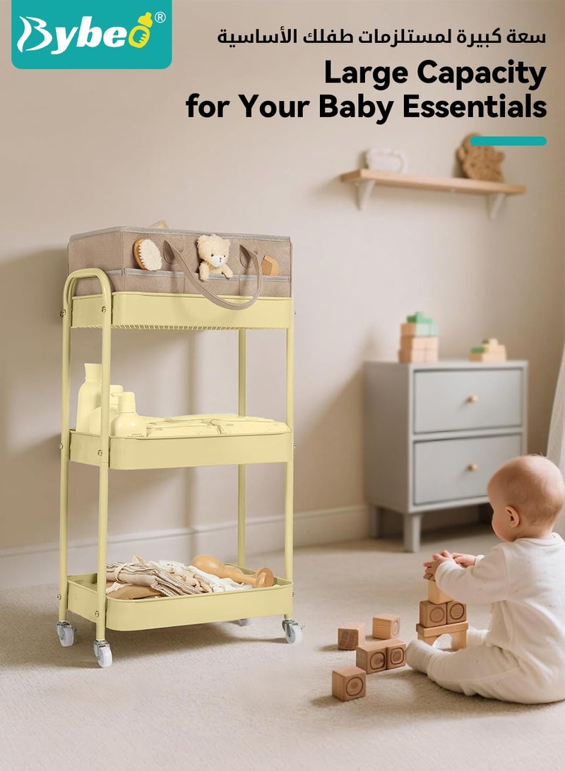 Bybeo 2-in-1 Baby Diaper Cart & Nursery Organizer, 3-Tier Mobile Utility Cart, Detachable Diaper Caddy Organizer, Metal Rolling Trolley Cart, Large Storage for Baby Essentials - Image 3
