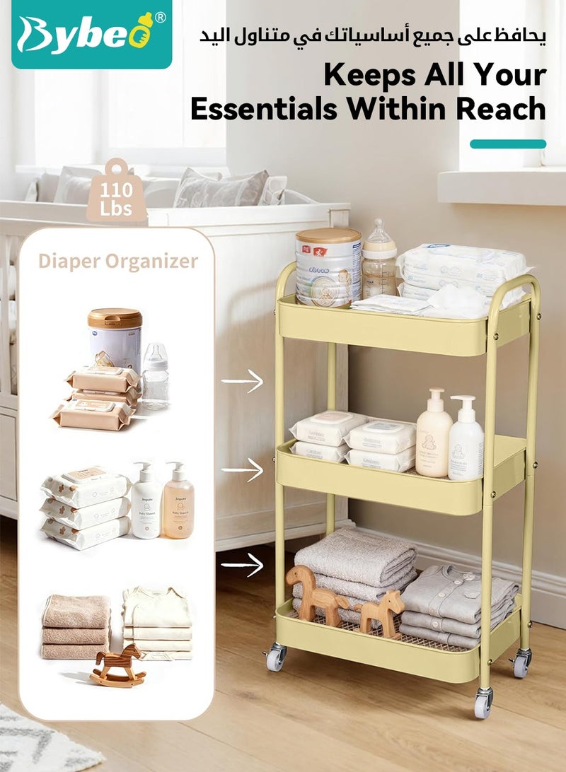 Bybeo 2-in-1 Baby Diaper Cart & Nursery Organizer, 3-Tier Mobile Utility Cart, Detachable Diaper Caddy Organizer, Metal Rolling Trolley Cart, Large Storage for Baby Essentials - Image 4