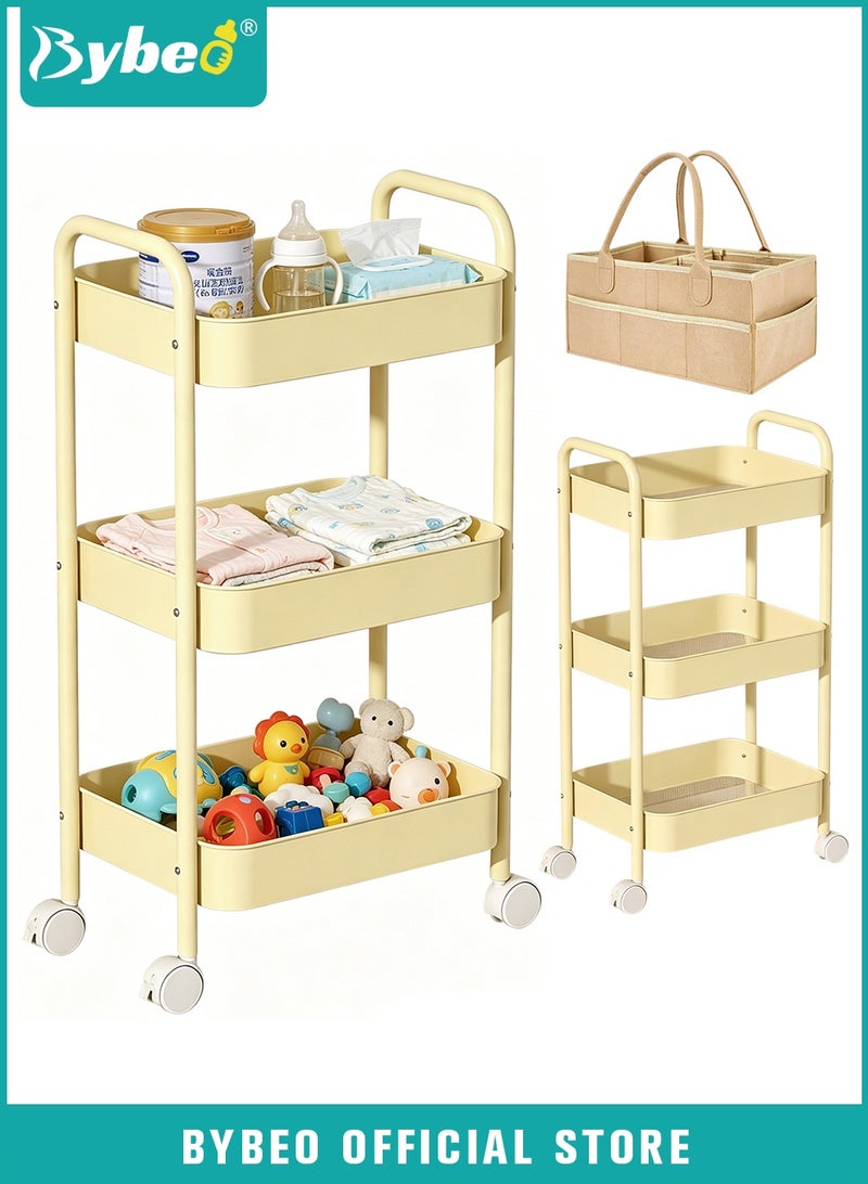 Bybeo 2-in-1 Baby Diaper Cart & Nursery Organizer, 3-Tier Mobile Utility Cart, Detachable Diaper Caddy Organizer, Metal Rolling Trolley Cart, Large Storage for Baby Essentials - Image 1