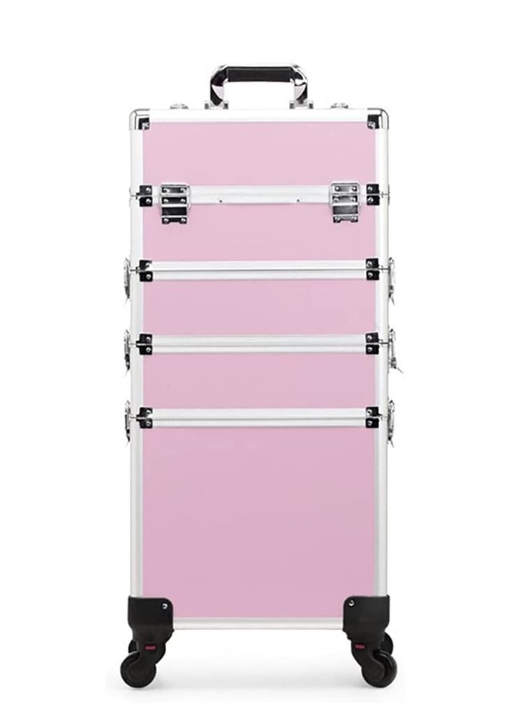 4-layer pink professional cosmetics case, portable rolling cosmetics trolley case, lockable jewelry travel cosmetics storage box with 4 wheels  - Image 1