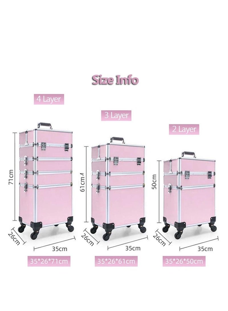 4-layer pink professional cosmetics case, portable rolling cosmetics trolley case, lockable jewelry travel cosmetics storage box with 4 wheels  - Image 2