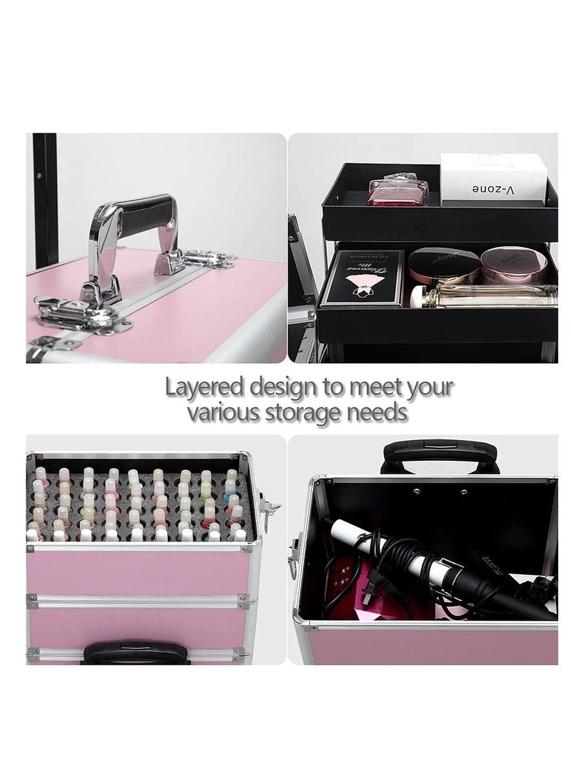 4-layer pink professional cosmetics case, portable rolling cosmetics trolley case, lockable jewelry travel cosmetics storage box with 4 wheels  - Image 3