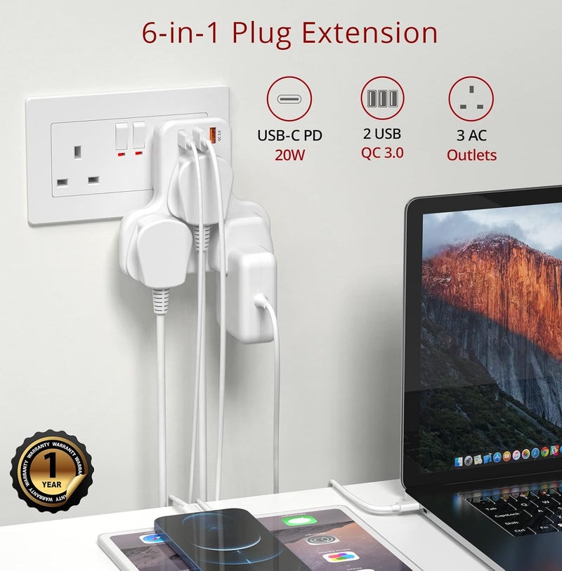Affordable fast purchase options Multi Plug Extension Power Adapter With 2 USB and 20W USB-C Fast Charging, 3 Way Wall Charger Electrical Extender Outlet Adaptor, Socket Charging Station Fine polished finish - Image 2