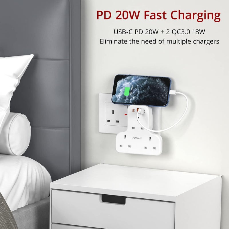 Affordable fast purchase options Multi Plug Extension Power Adapter With 2 USB and 20W USB-C Fast Charging, 3 Way Wall Charger Electrical Extender Outlet Adaptor, Socket Charging Station Fine polished finish - Image 3