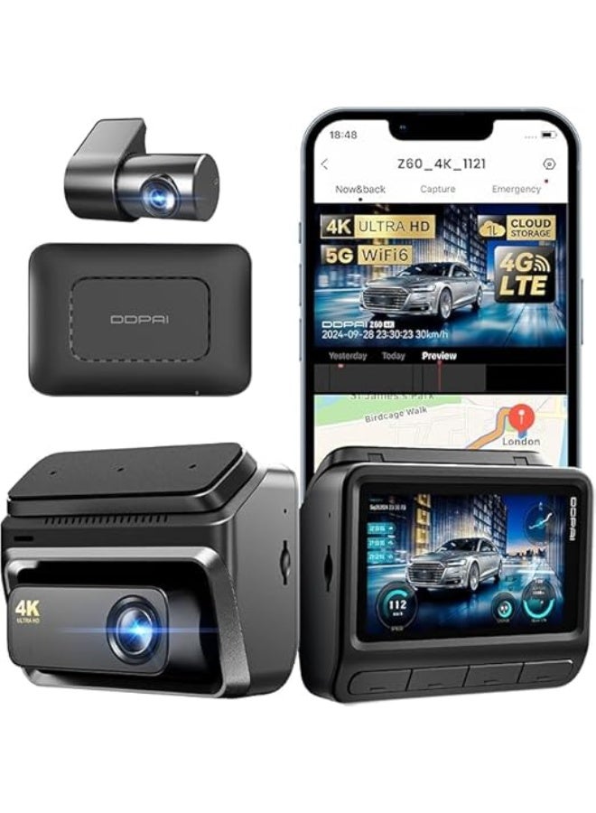 DDPAI Z60 4G Dash Cam for Cars Front and Rear, 4K+1080P Remote Monitor Dashcam, Cloud Storage, up to 15MB/s 5GHz WiFi6 Car Dash Camera, 3" IPS with 32G eMMC GPS Night Vision 24H Parking Monitor