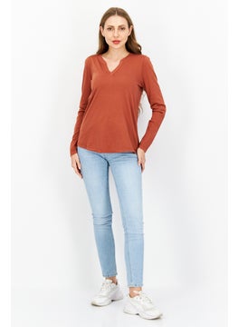 Eddie Bauer Women Split Neck Long Sleeve Plain T Shirt, Brown  - Image 2