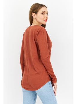 Eddie Bauer Women Split Neck Long Sleeve Plain T Shirt, Brown  - Image 4