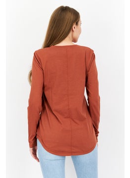 Eddie Bauer Women Split Neck Long Sleeve Plain T Shirt, Brown  - Image 3