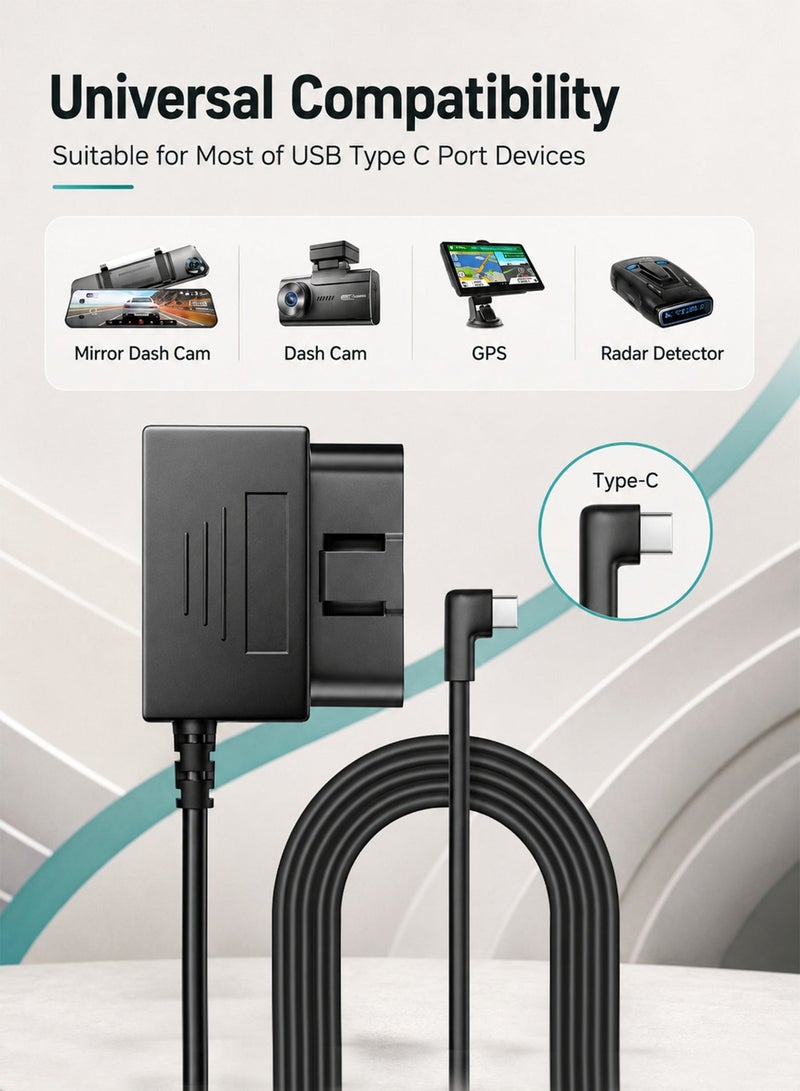 ULHYC OBD Dash Cam Hardwire Kit Type C, Easy Plug-and-Play Installation, 24H Parking Monitor 11FT Cable, 12V-24V to 5V Low Voltage Protection - Image 3