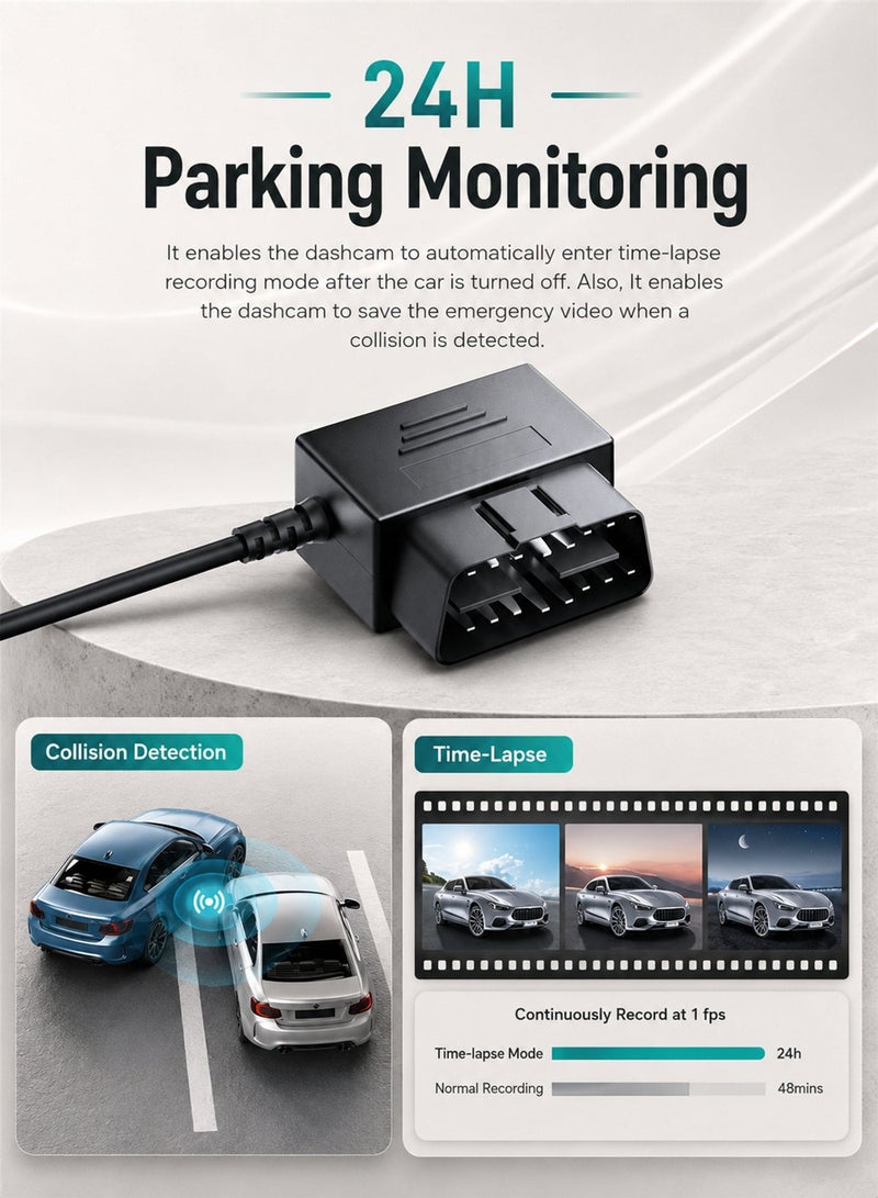 ULHYC OBD Dash Cam Hardwire Kit Type C, Easy Plug-and-Play Installation, 24H Parking Monitor 11FT Cable, 12V-24V to 5V Low Voltage Protection - Image 2