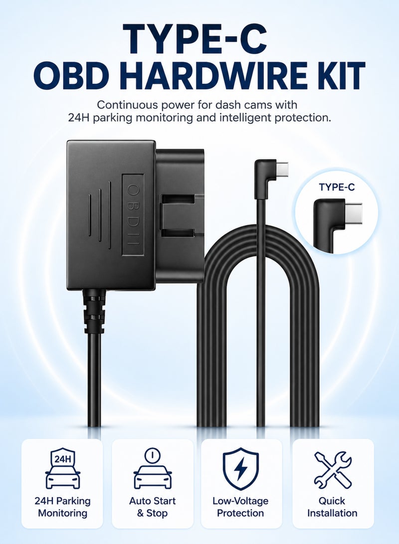 ULHYC OBD Dash Cam Hardwire Kit Type C, Easy Plug-and-Play Installation, 24H Parking Monitor 11FT Cable, 12V-24V to 5V Low Voltage Protection - Image 1