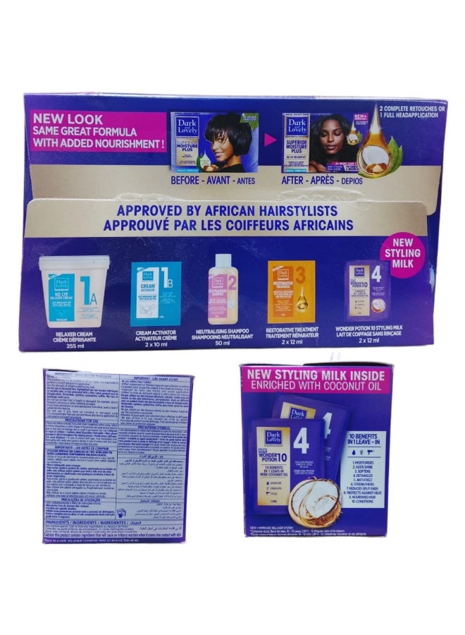 Dark & Lovely Dark and Lovely Superior Moisture Plus Relaxer Kit is a specially formulated no-lye hair relaxer designed to deliver smooth, straight, and deeply moisturized hair while maintaining scalp comfort. Developed with advanced conditioning technology, this relaxer system helps transform textured or curly hair into sleek, manageable strands without compromising softness - Image 2