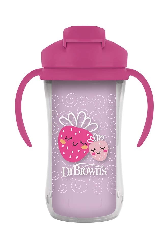 Dr. Brown’s 10 oz/300 mL Insulated Straw Cup with Handles, Pink Strawberries (12m+), 1-Pack - Image 1
