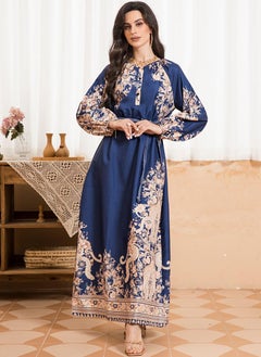 Sweet Round neck Color contrast Printing Buttons Bandage Regular sleeve Long Dresses Lake Blue - pzsku/ZFBEC1E5E2B7AC2B87B54Z/45/_/1725874420/c2b3f815-9f4f-4d75-aee0-e1ca558c1b1f