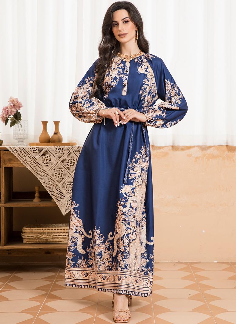 FridayIn Sweet Round neck Color contrast Printing Buttons Bandage Regular sleeve Long Dresses Lake Blue - Image 1