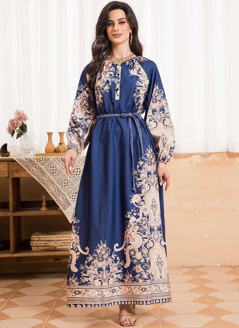 FridayIn Sweet Round neck Color contrast Printing Buttons Bandage Regular sleeve Long Dresses Lake Blue - Image 5