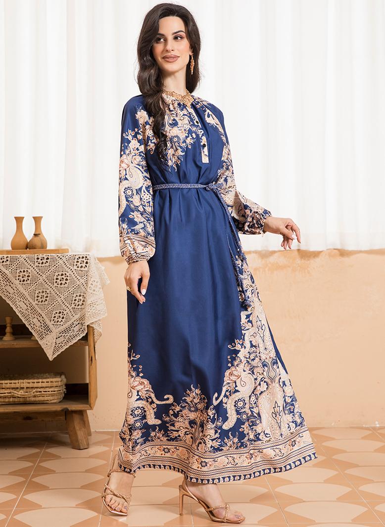 FridayIn Sweet Round neck Color contrast Printing Buttons Bandage Regular sleeve Long Dresses Lake Blue - Image 3