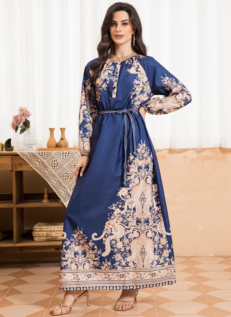 FridayIn Sweet Round neck Color contrast Printing Buttons Bandage Regular sleeve Long Dresses Lake Blue - Image 4