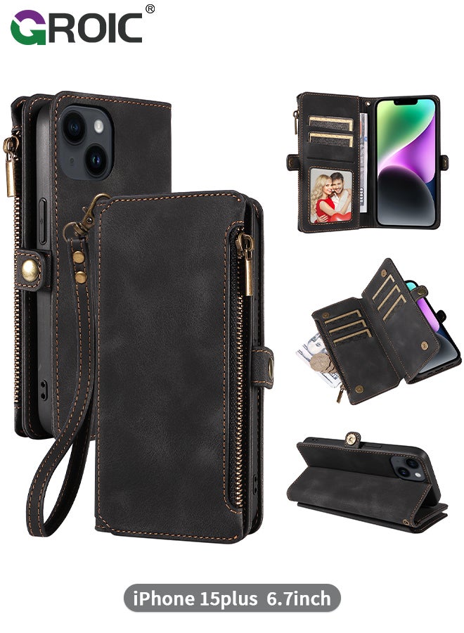 GROIC Black Wallet Case Compatible for iPhone 15 Plus, Flip Leather Case with Removable Wristlet Strap and 9 Card Holder, RFID Blocking Magnetic Closure Case with Zipper  - Image 1