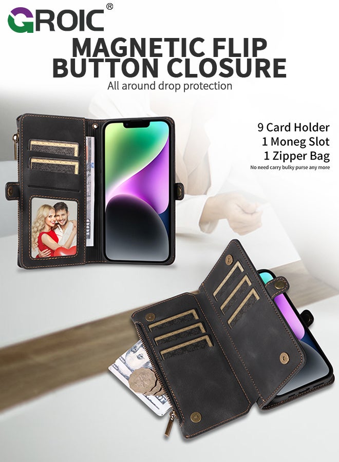 GROIC Black Wallet Case Compatible for iPhone 15 Plus, Flip Leather Case with Removable Wristlet Strap and 9 Card Holder, RFID Blocking Magnetic Closure Case with Zipper  - Image 3