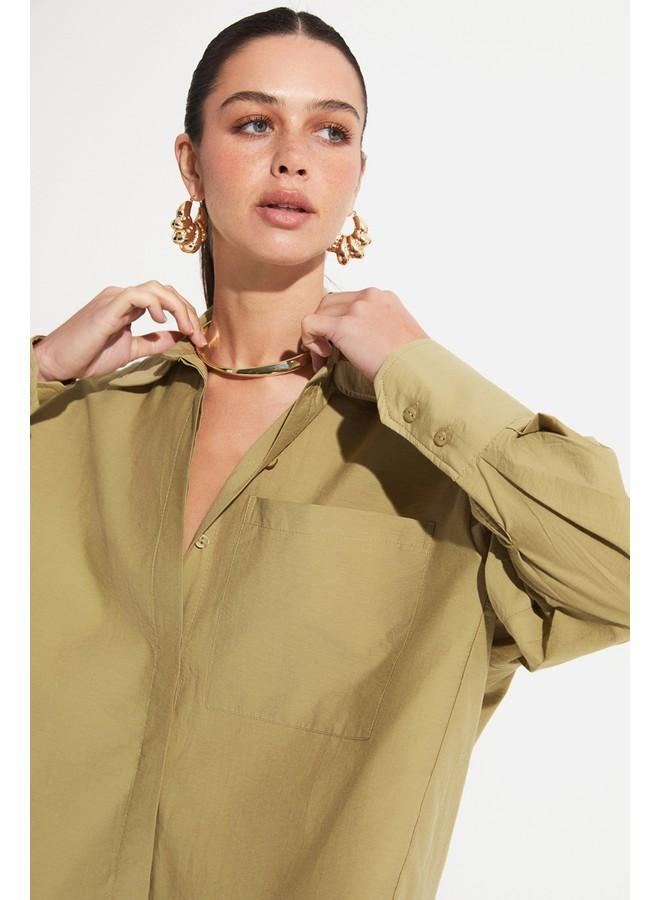 جون قميص جين جينز بقصة واسعة لون كاكي - Image 4